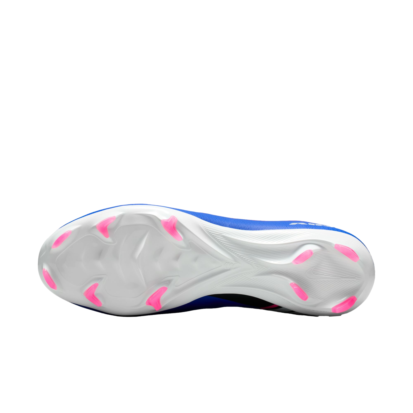 Bottom view of a blue and white Nike soccer cleat with bright pink studs, isolated on a black background.