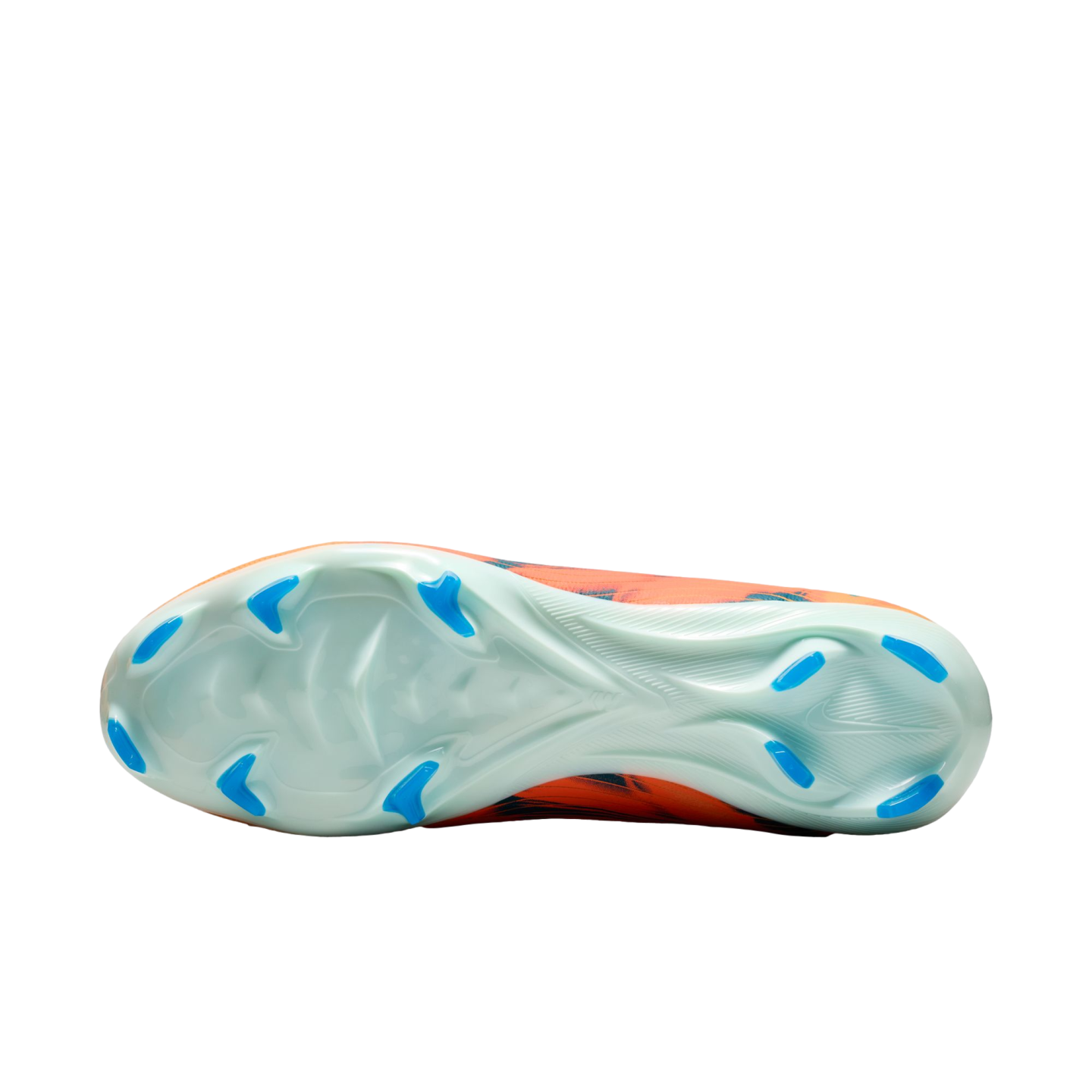 Bottom view of a Nike soccer cleat with a pale green soleplate and eleven blue bladed studs, showing a glimpse of the orange upper.