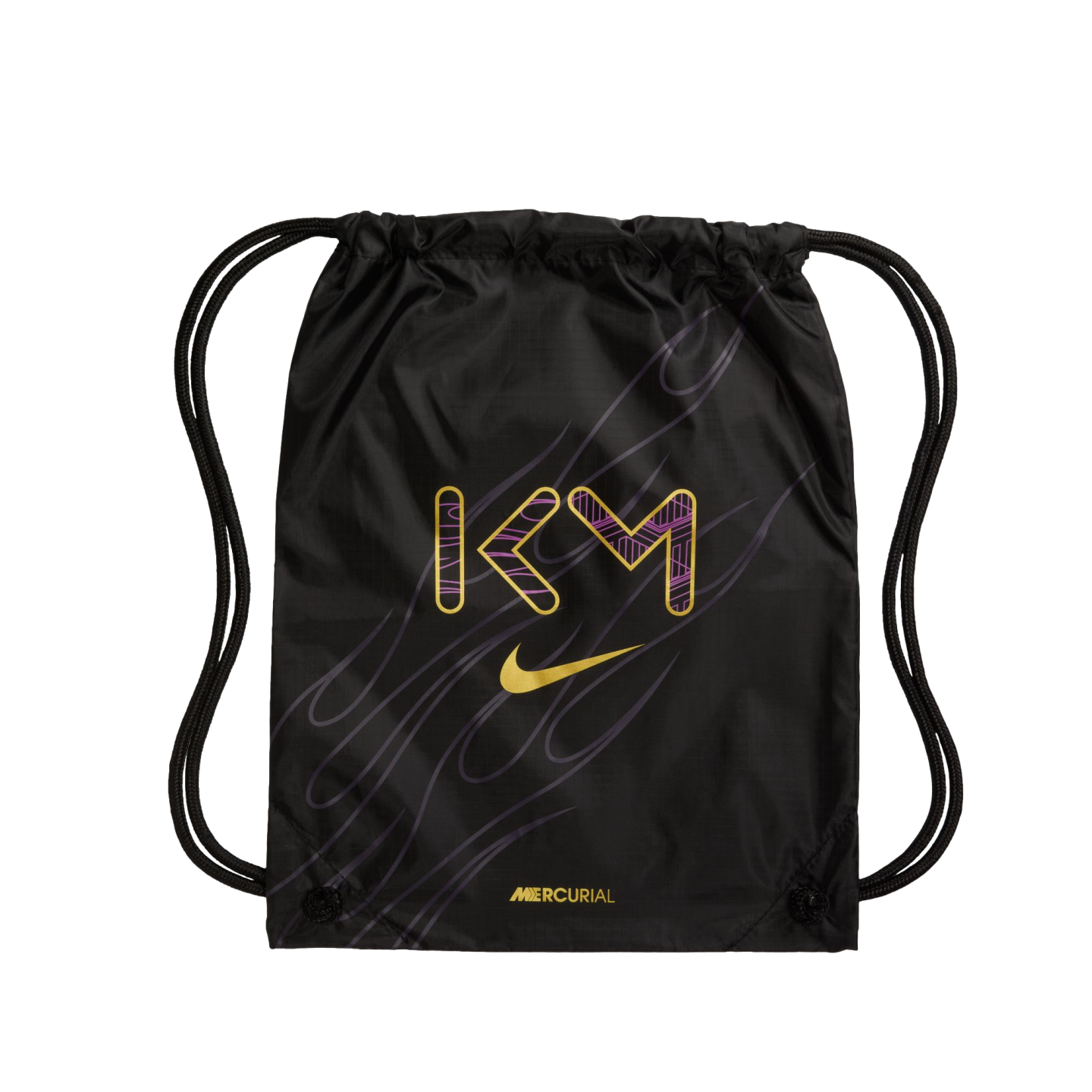 A black Nike Mercurial drawstring bag with a gold and purple patterned "KM" logo and a gold Nike swoosh on the front.