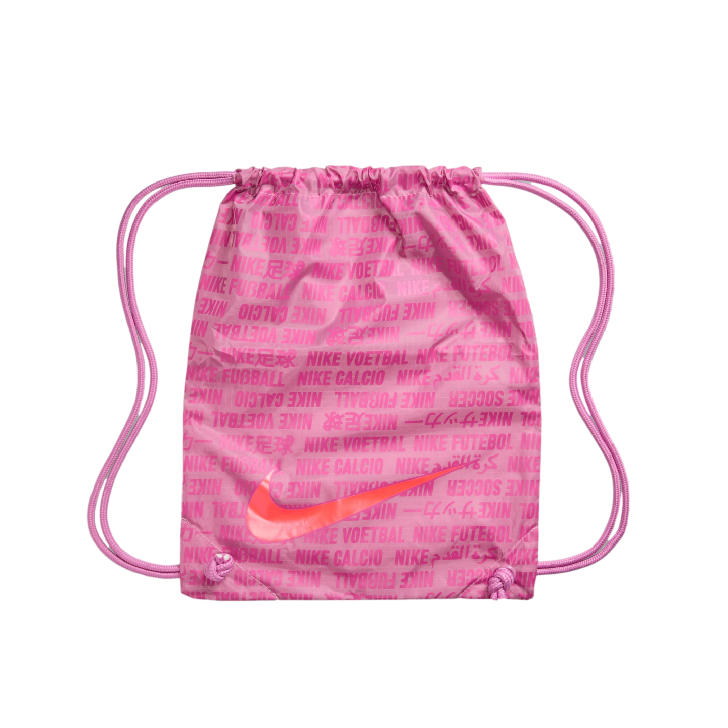 A pink Nike drawstring bag with a repeating pattern of international football terms and a large orange swoosh logo on a black background.