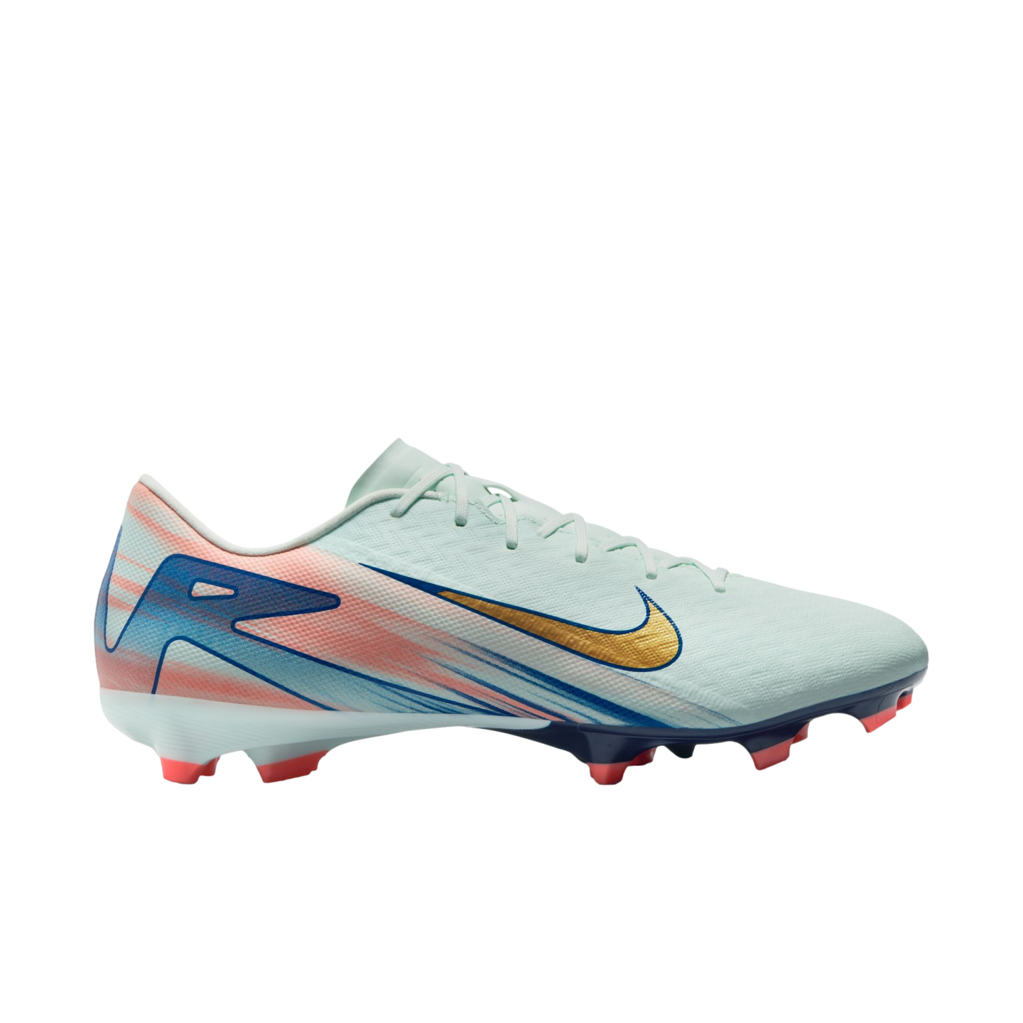 A mint green Nike soccer cleat with a gold swoosh, blue and pink side graphics, and orange studs, shown from a side profile.