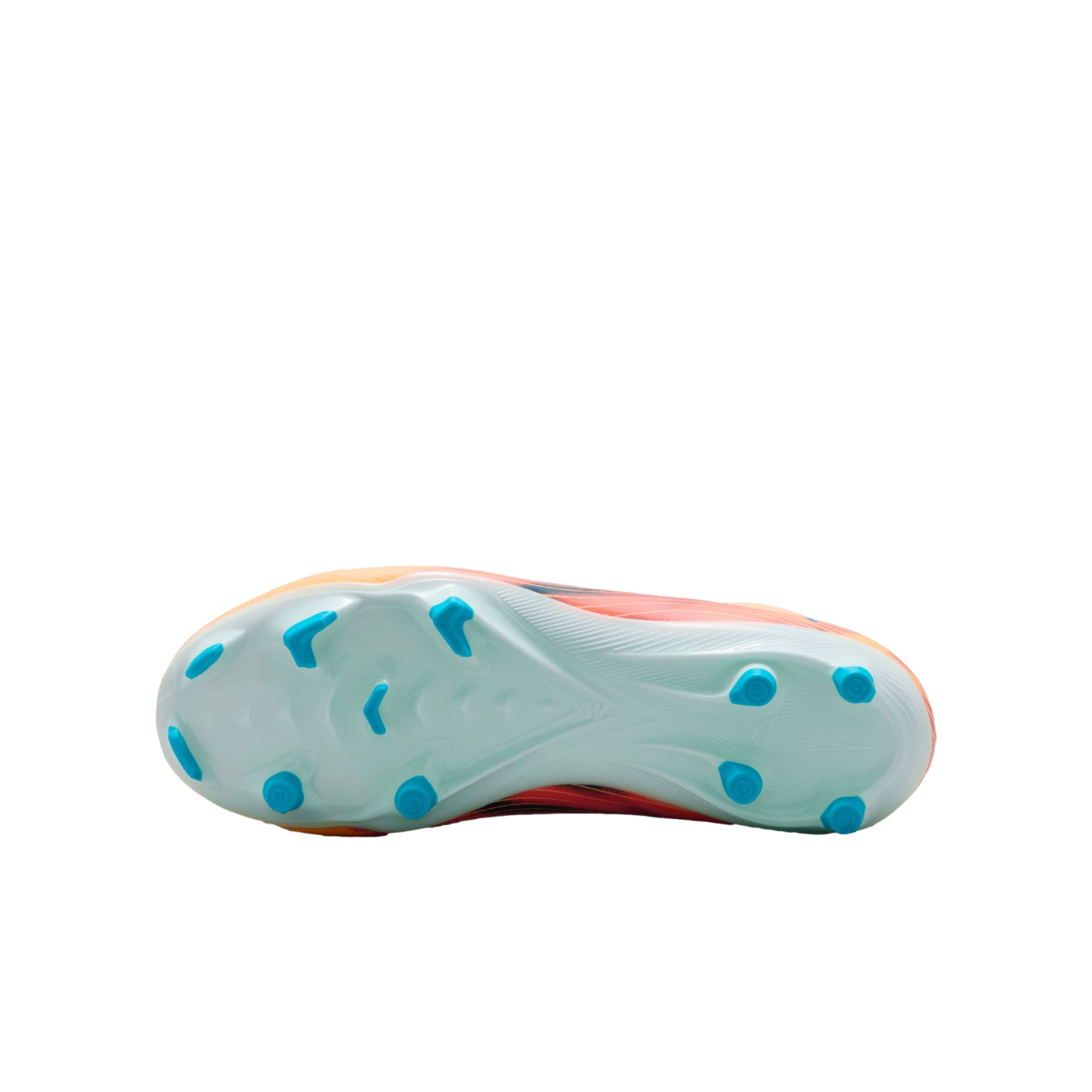 Soleplate view of a soccer cleat with light blue base and bright blue studs. The upper part shows orange and pink gradients against a black background.