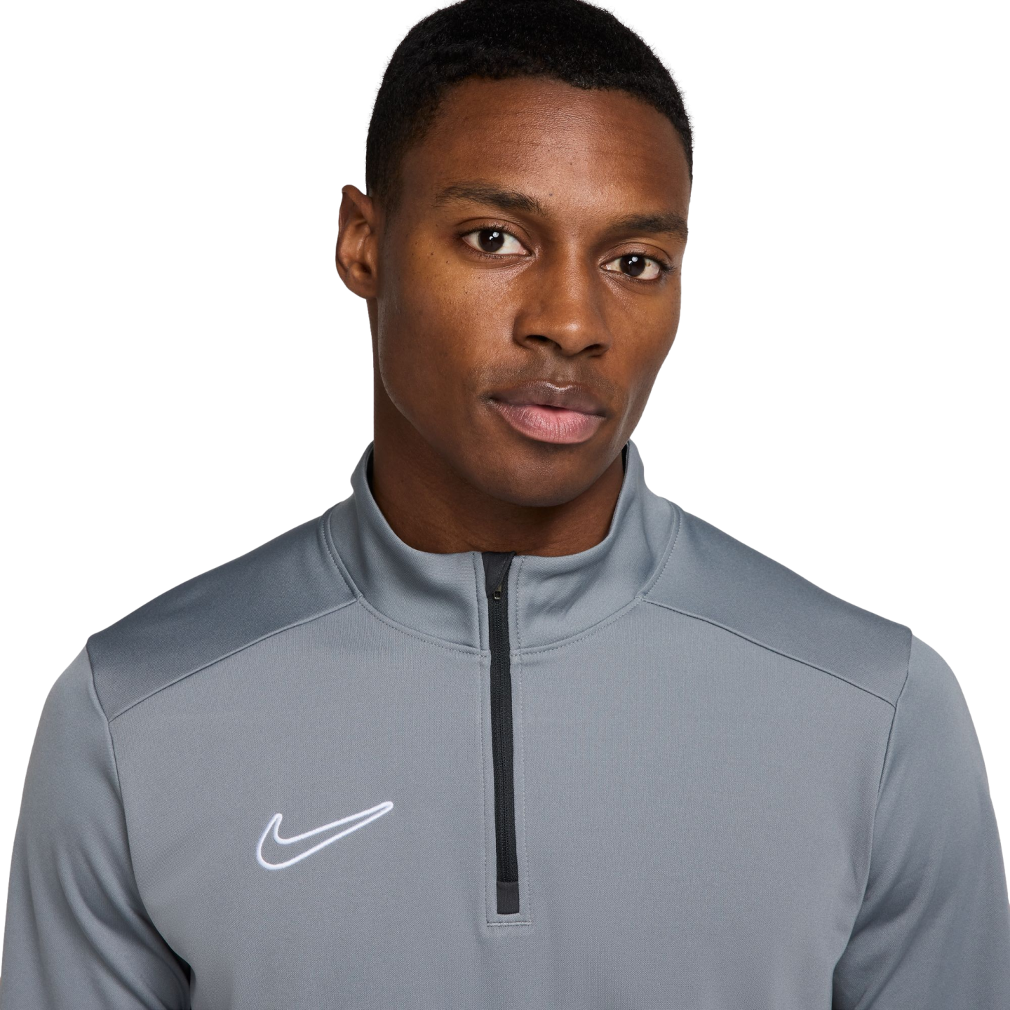 A Black man wearing a grey Nike quarter-zip athletic top against a white background.