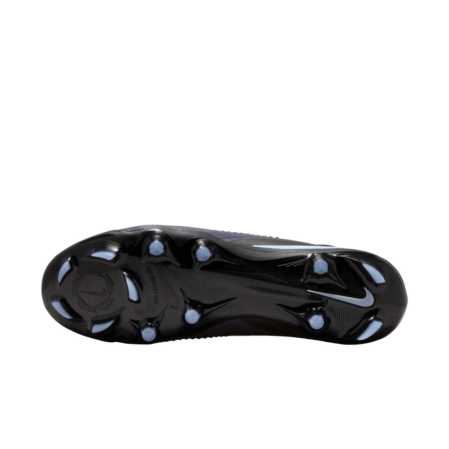 Bottom view of a black Nike soccer cleat featuring a glossy soleplate and light blue studs, set against a black background.