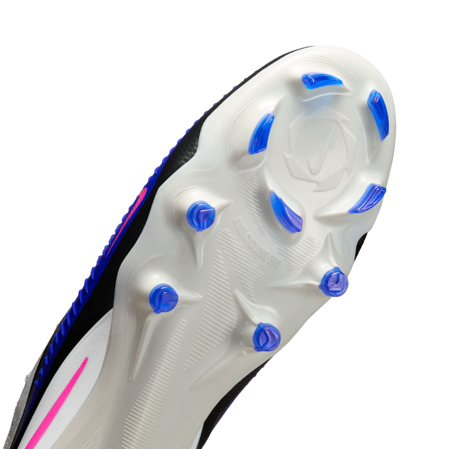 Close-up of the white soleplate of a Nike soccer cleat, featuring blue translucent studs and embossed "NIKE CYCLONE 360" text.
