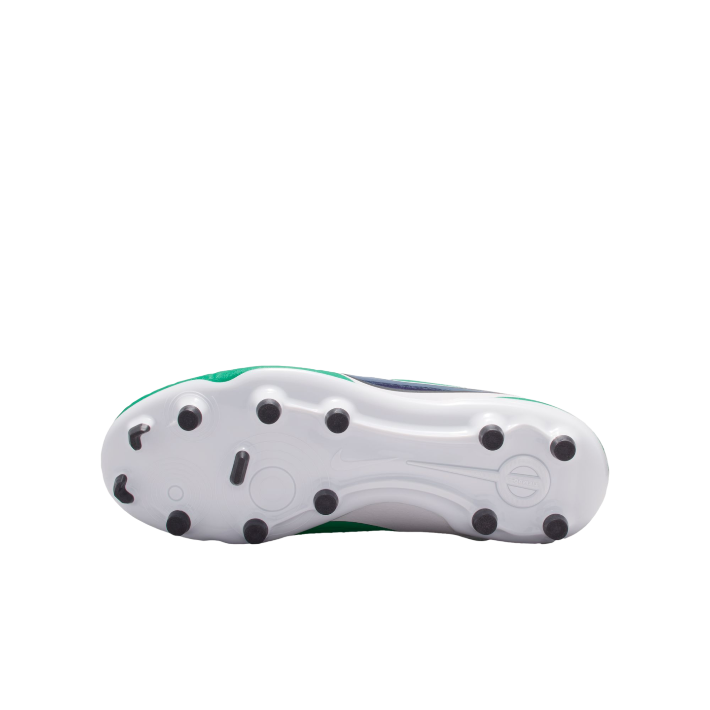 Bottom view of a Nike Tiempo soccer cleat with thirteen black studs on a white soleplate and green upper visible along the edges.