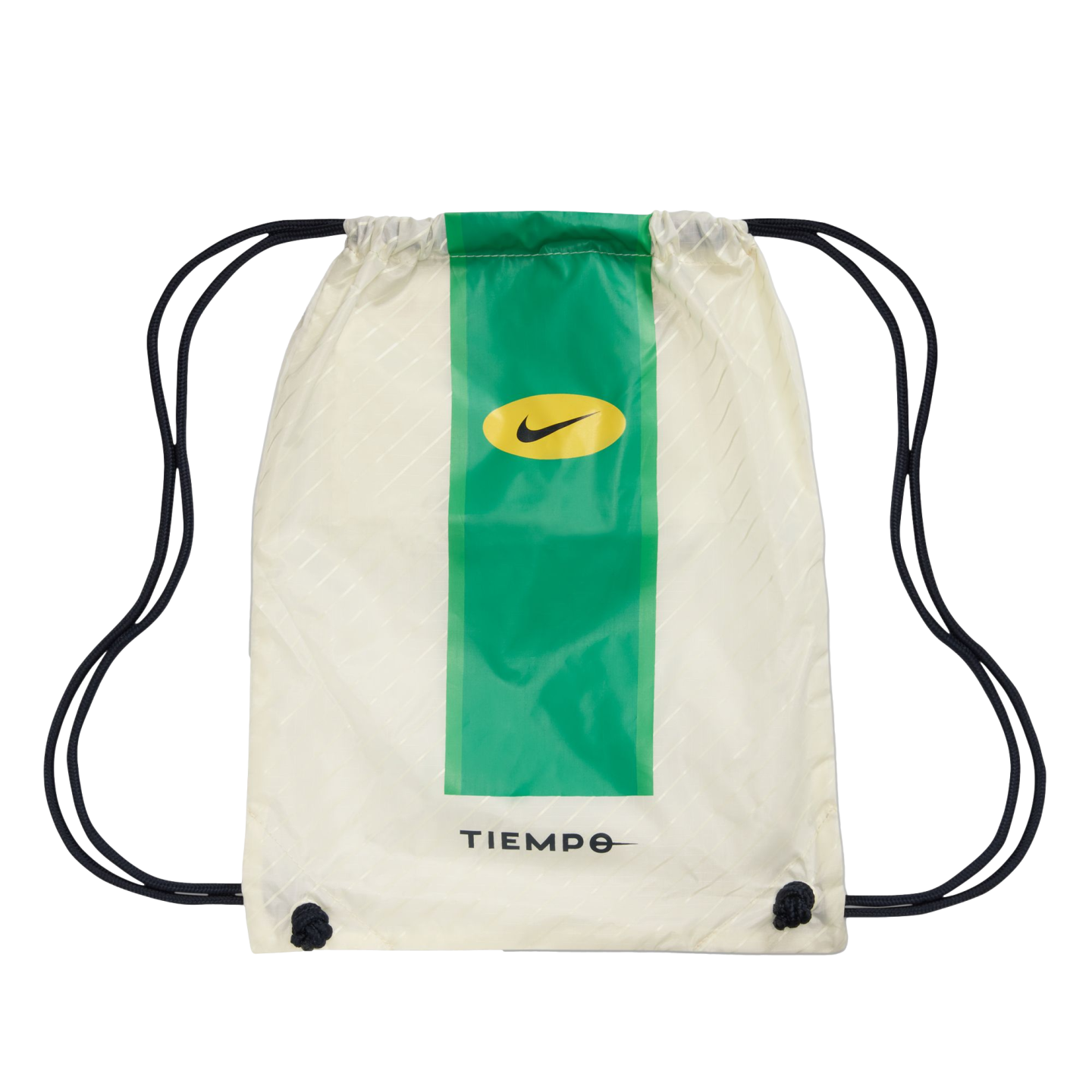 An off-white Nike Tiempo drawstring bag featuring a thick vertical green stripe, a yellow Nike swoosh logo, and black cords.