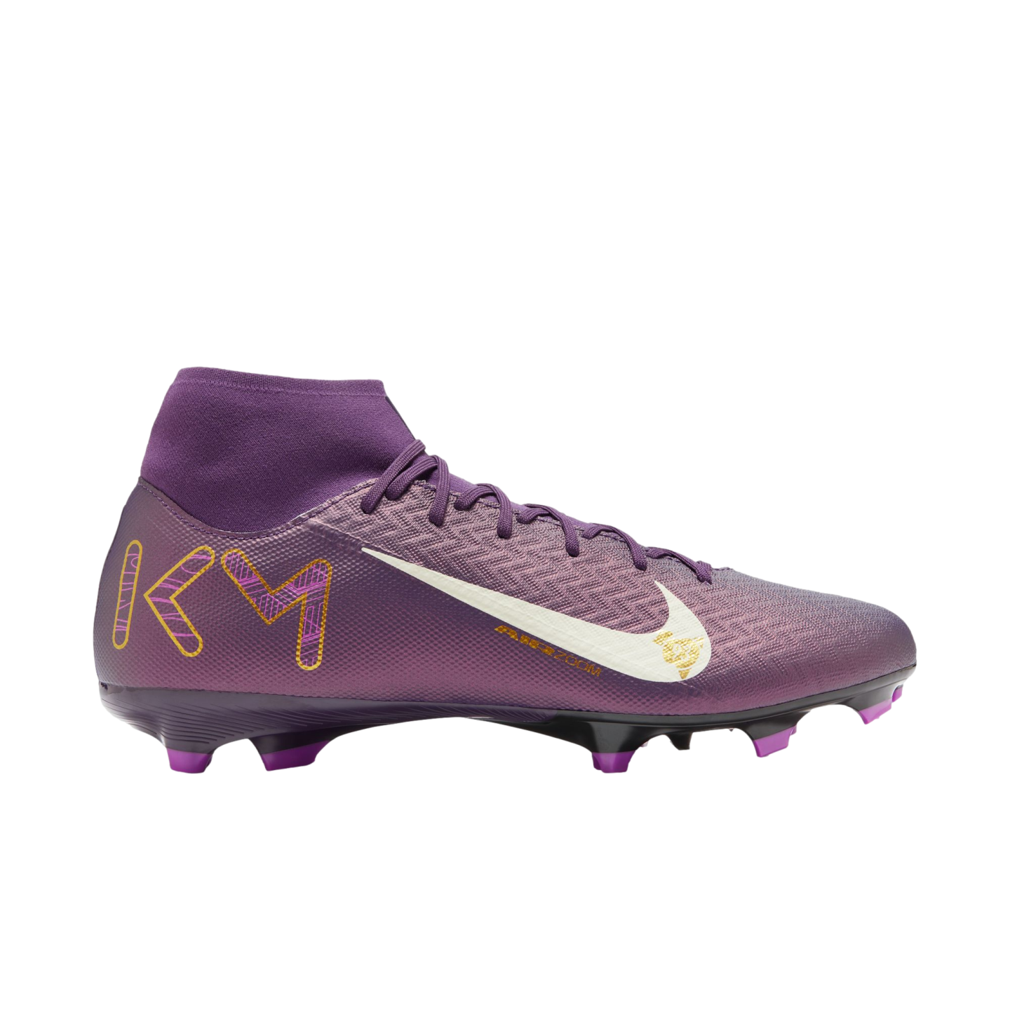 Kylian Mbappé Nike Mercurial soccer cleat in purple with a white swoosh and gold "KM" branding. Features a textured upper and high-top Dynamic Fit collar.