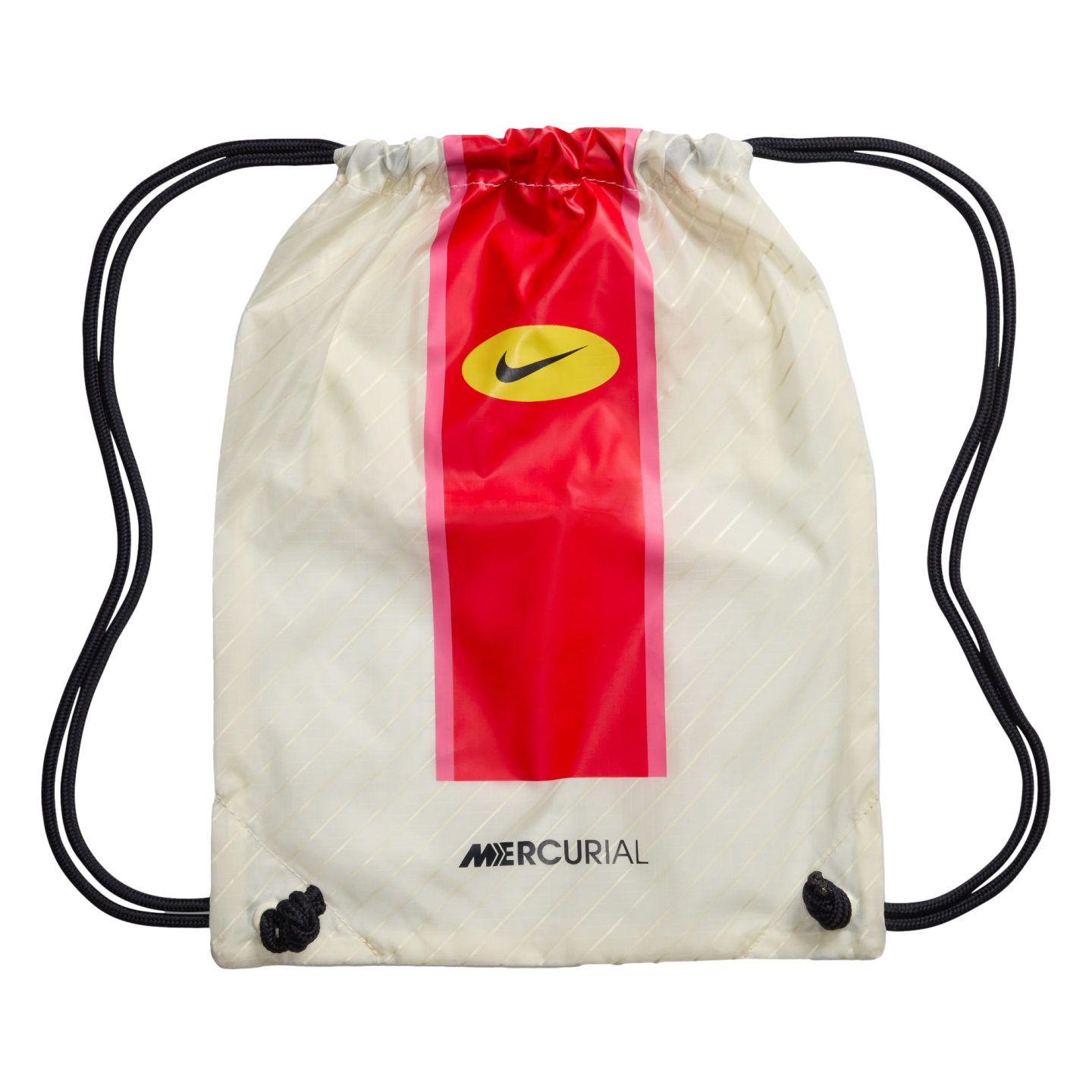 A white Nike Mercurial drawstring bag featuring a bold vertical red stripe, a yellow Nike logo oval, and black drawstrings. The word "MERCURIAL" is printed near the bottom.