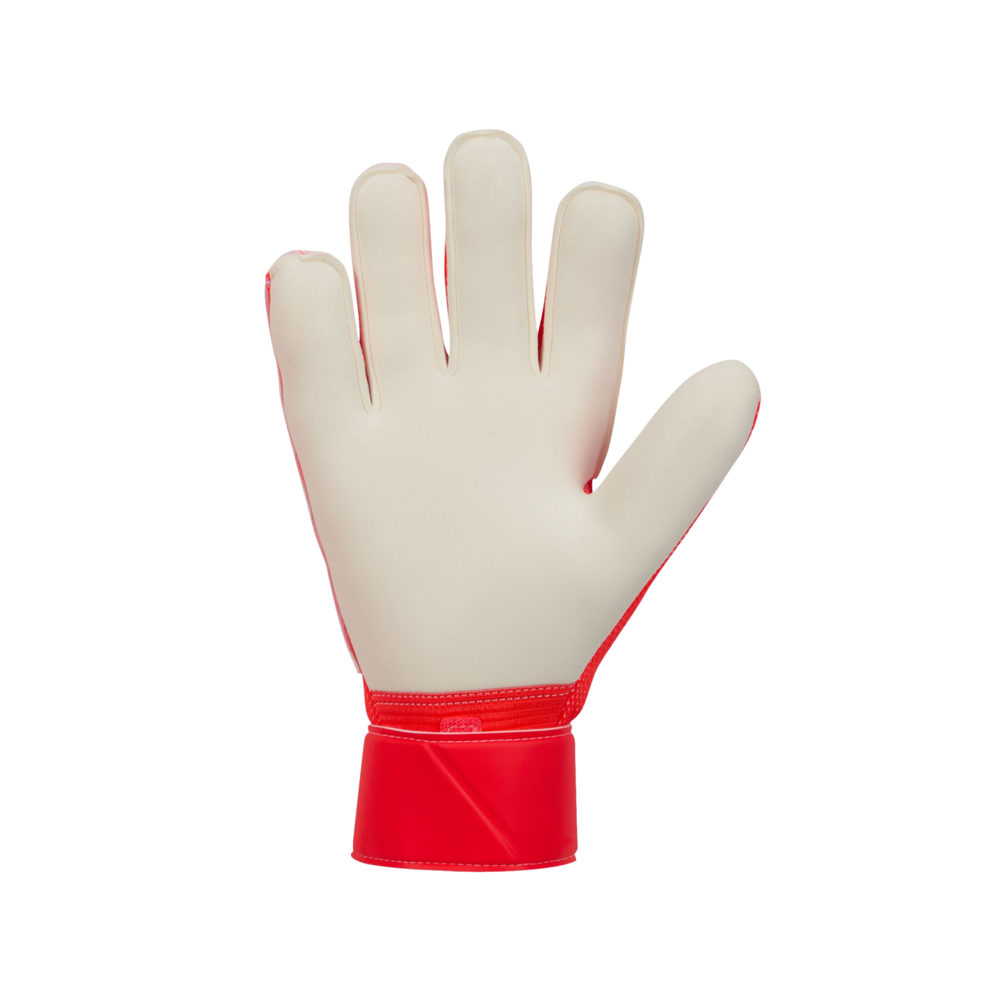 Palm view of a goalkeeper glove with cream-colored padding and a red wrist strap against a black background.