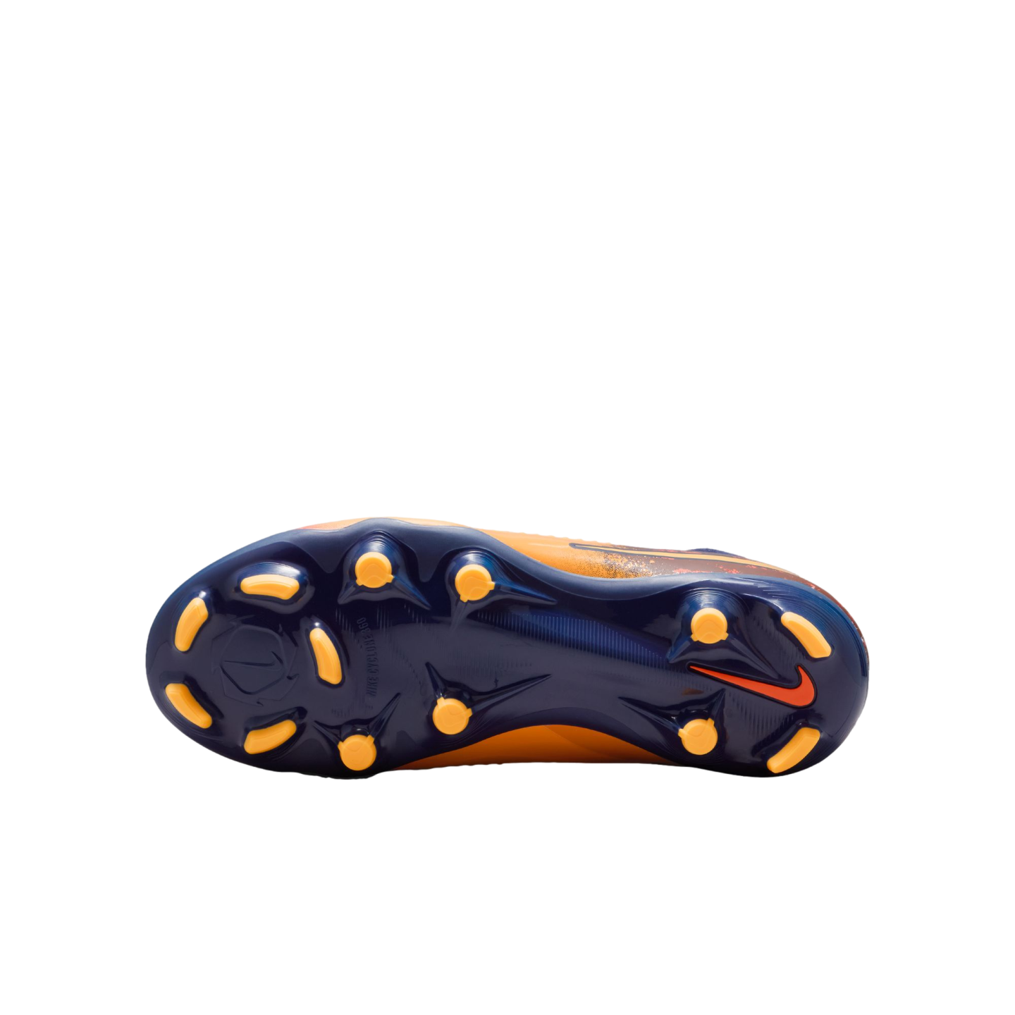 The underside of a Nike soccer cleat showing the navy blue outsole, bright orange traction studs, and circular Nike Cyclone 360 pattern.