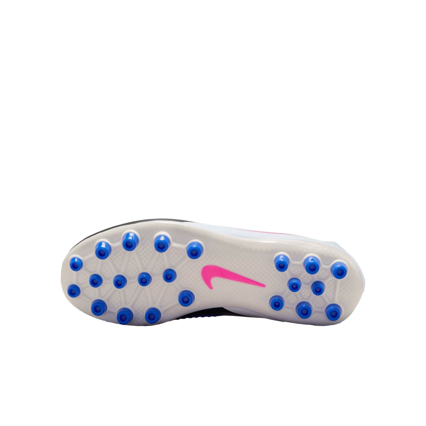 Sole of a Nike soccer cleat featuring multiple blue circular studs and a pink swoosh on a translucent white plate, shown against a black background.