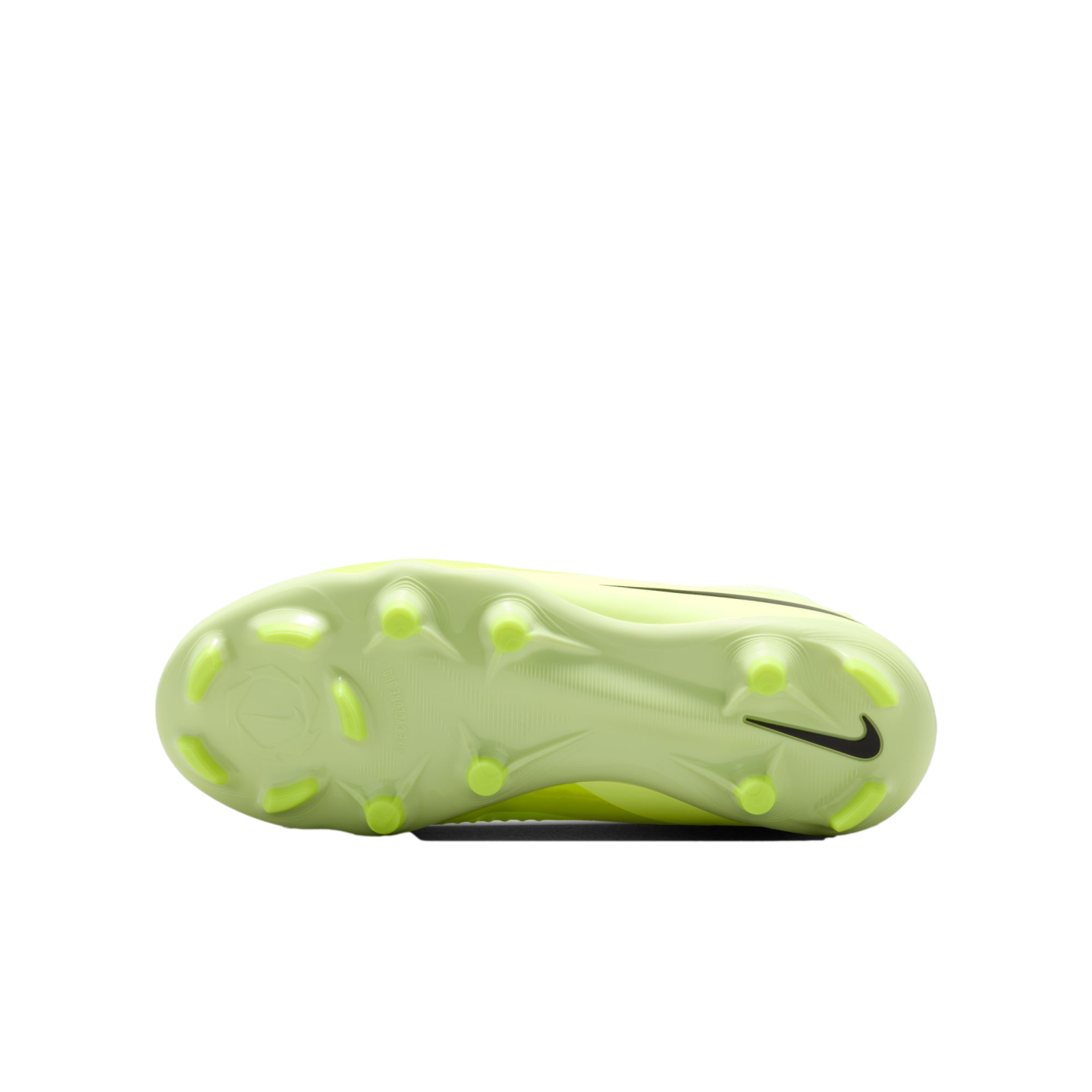 Bottom view of a lime green Nike soccer cleat showing the studded outsole and a black swoosh logo on the heel against a black background.