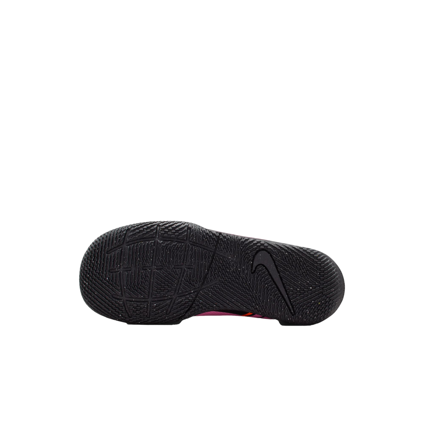 The black textured outsole of a Nike athletic shoe, featuring a prominent swoosh logo on the heel and a complex traction pattern.