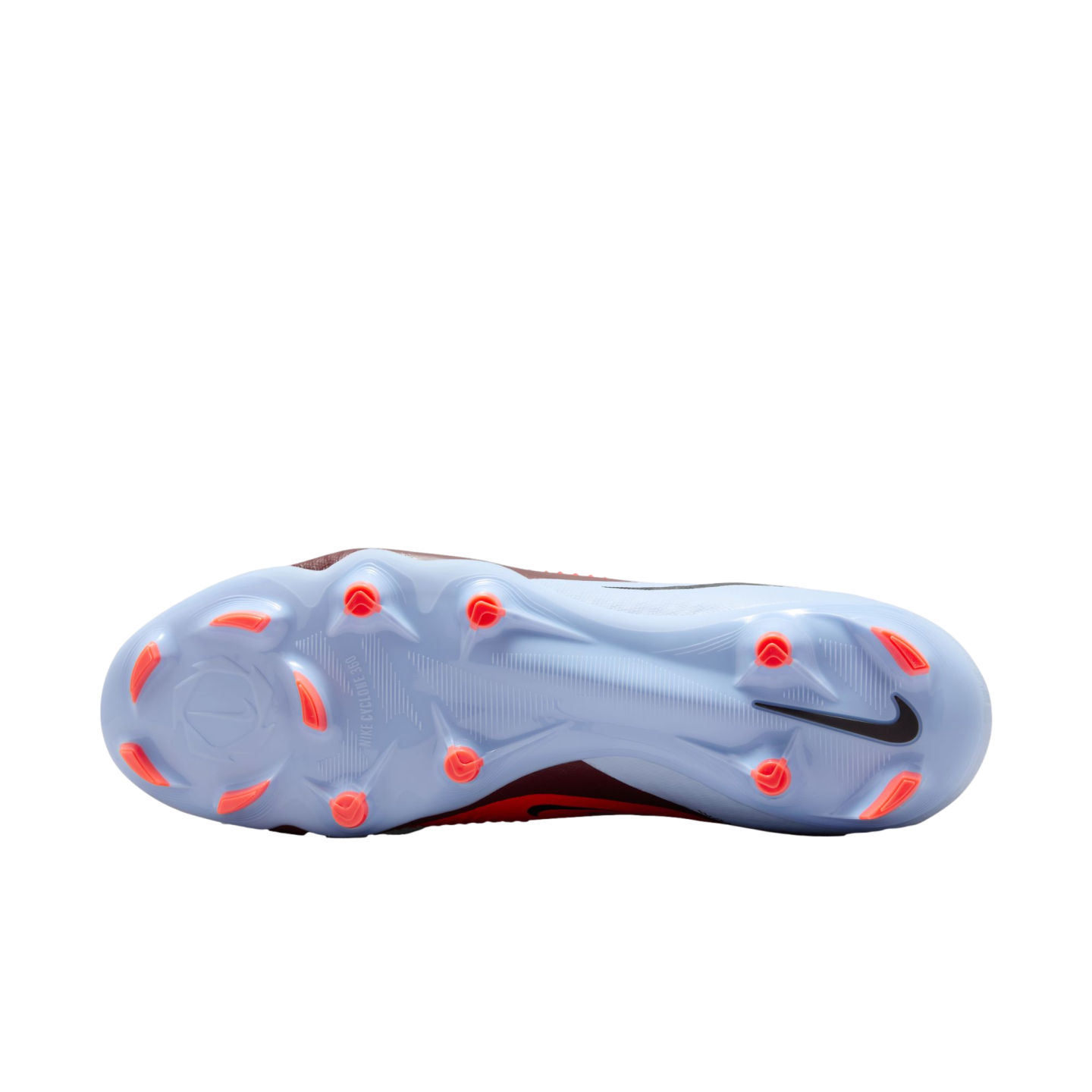 Underside of a light blue Nike soccer cleat with bright orange studs and "NIKE CYCLONE 360" branding on the soleplate.