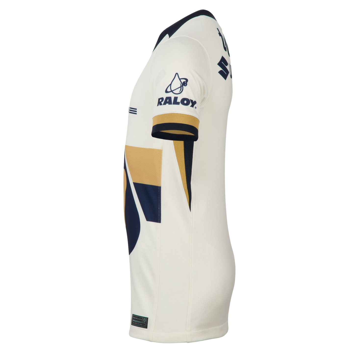 Side view of a white Pumas UNAM soccer jersey with navy and gold accents. Features a 'RALOY' logo on the sleeve and a partial puma face emblem on the front.