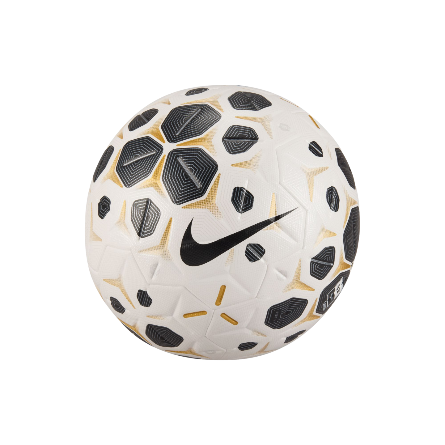 White Nike soccer ball with gold-trimmed black geometric patterns and a large black swoosh, isolated on a solid black background.