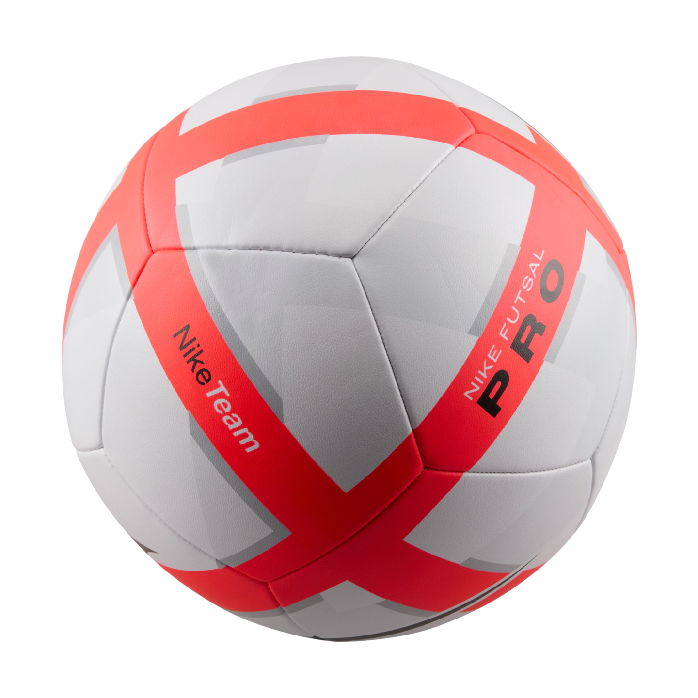 White and bright orange Nike Futsal Pro soccer ball with gray geometric accents against a black background.