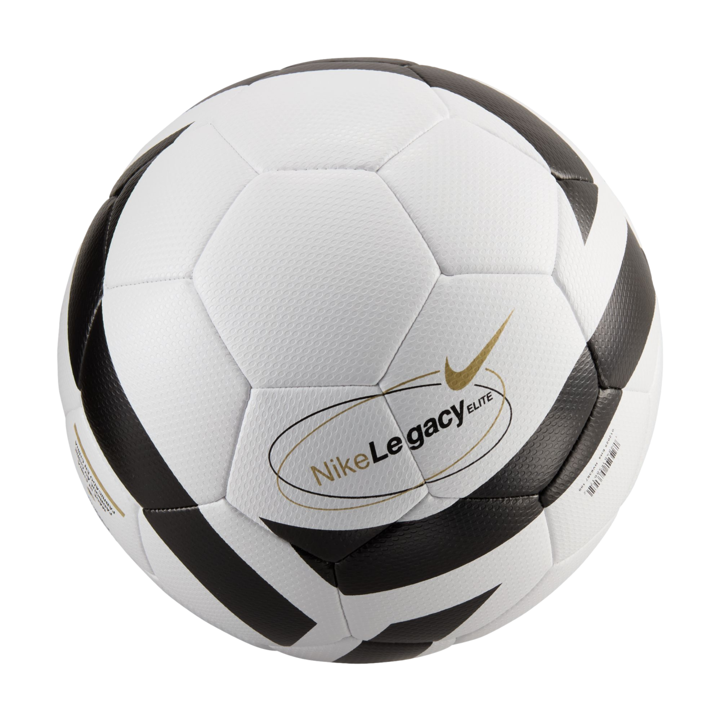 A white Nike Legacy Elite soccer ball with black angular panels and a gold swoosh logo.
