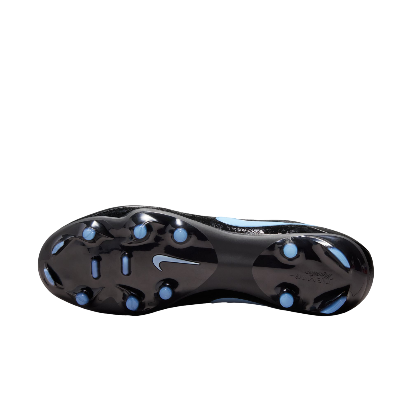 Bottom view of a black Nike Tiempo soccer cleat featuring a glossy black soleplate, light blue studs, and a white Nike swoosh in the center.