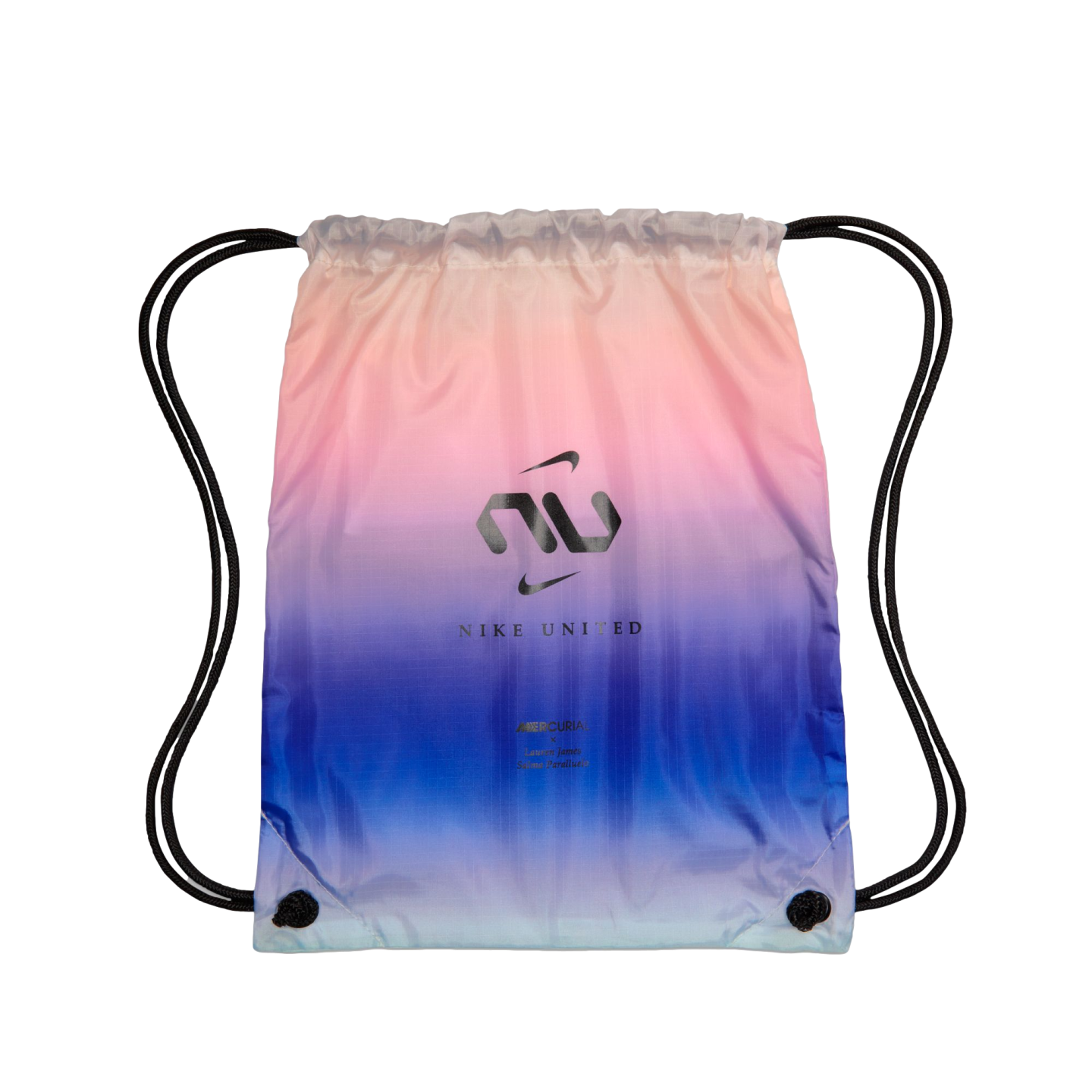 A Nike United drawstring bag featuring a pink-to-blue color gradient and a central black logo and text. It has black cord shoulder straps.