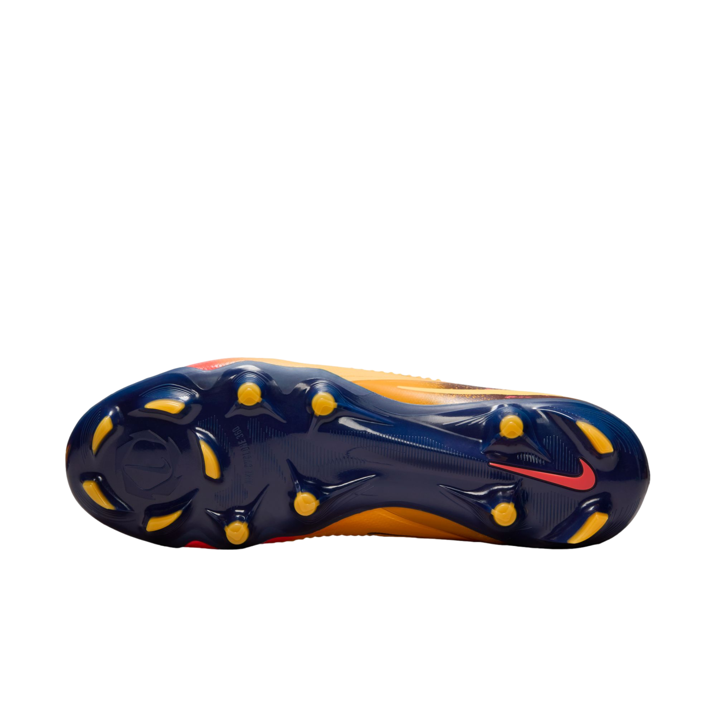 The dark blue soleplate of a Nike soccer cleat featuring yellow conical and bladed studs, with a circular traction pattern at the forefoot, set against a black background.