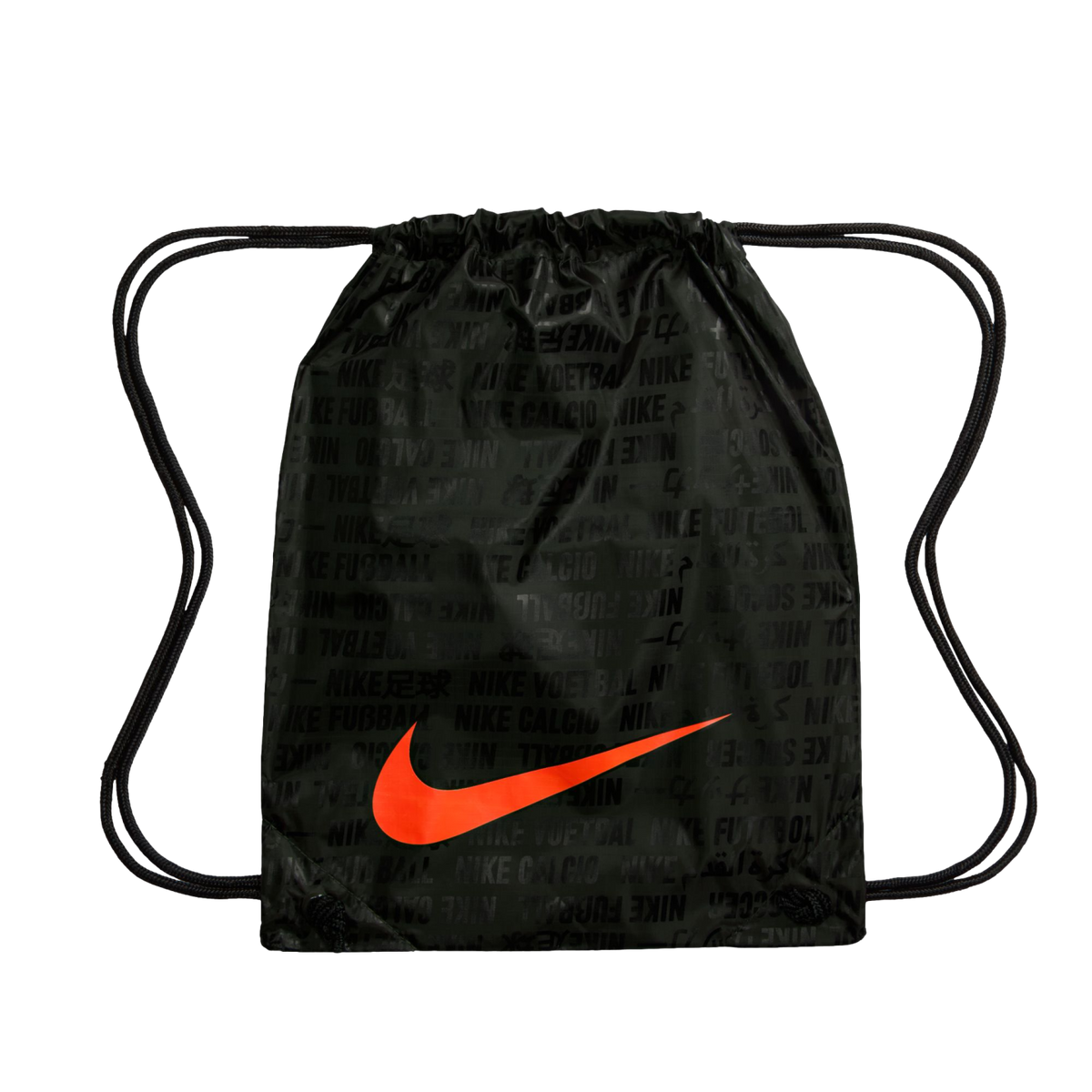 A black Nike drawstring bag with a large bright orange swoosh on the front. The bag features a subtle, repeating pattern of the word "Nike" alongside words for "soccer" in various languages. Two black drawstrings at the top serve as a cinch closure and sh