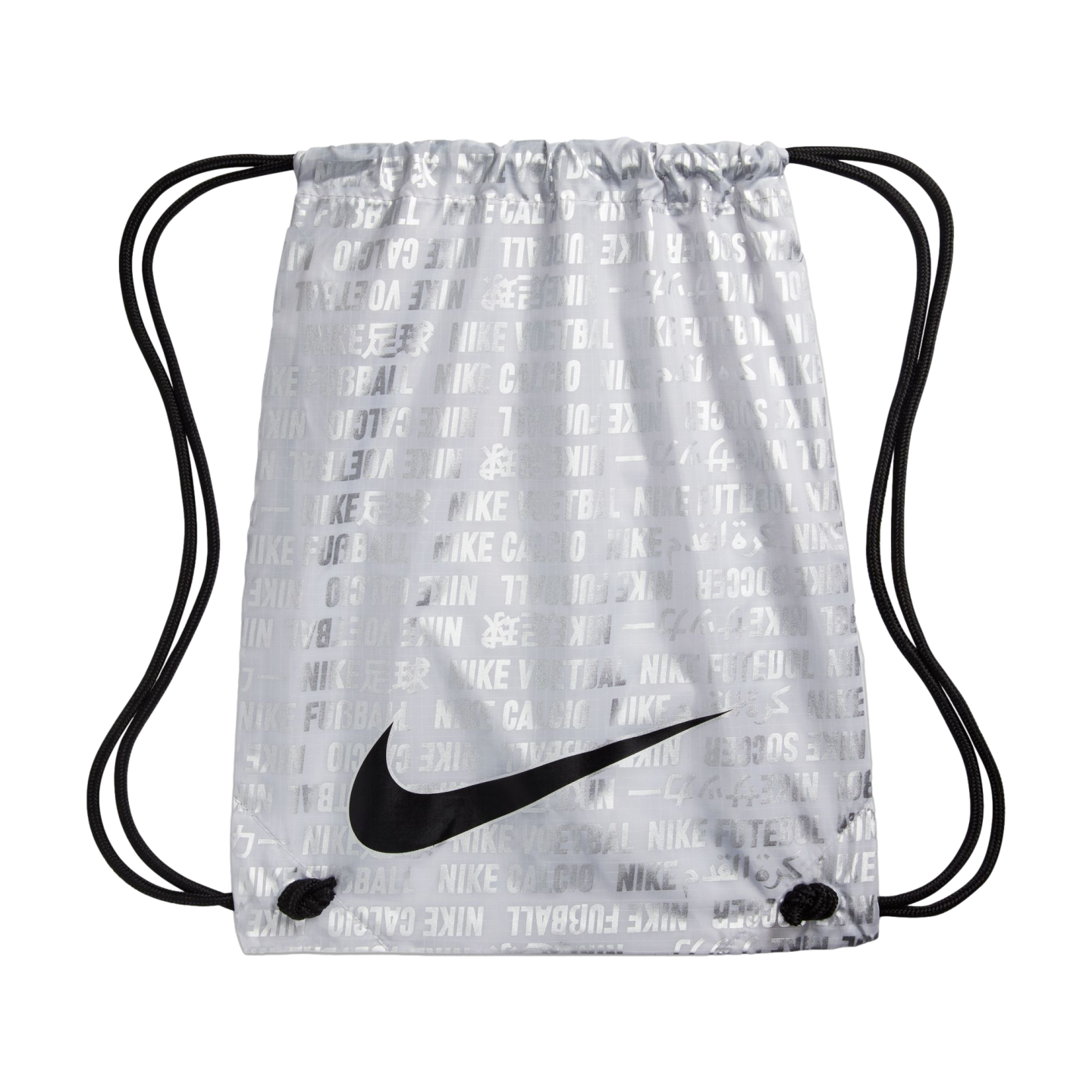 A silver Nike drawstring bag with a repeated multilingual soccer pattern and a large black swoosh logo on the front.