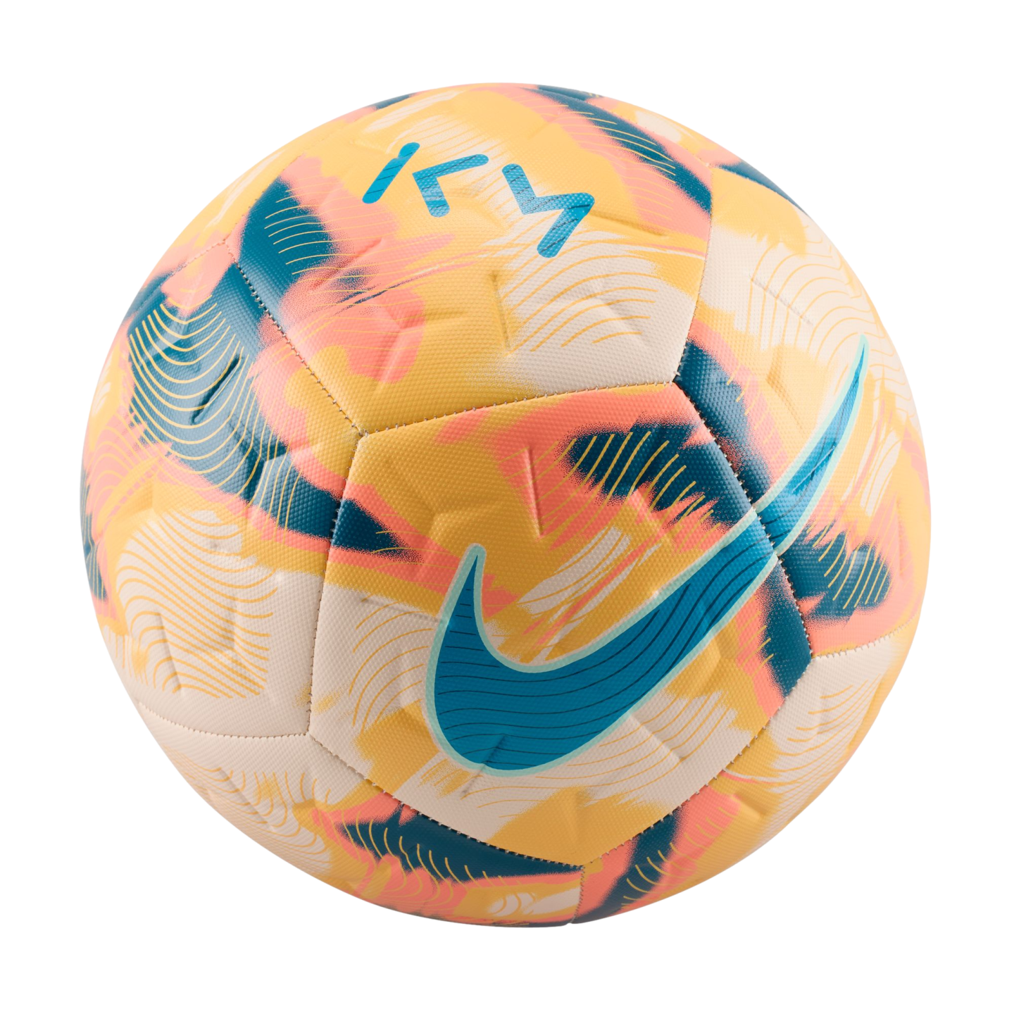 A vibrant Nike soccer ball featuring a yellow, orange, and teal abstract pattern, a teal swoosh, and the "KM" logo, isolated on a black background.