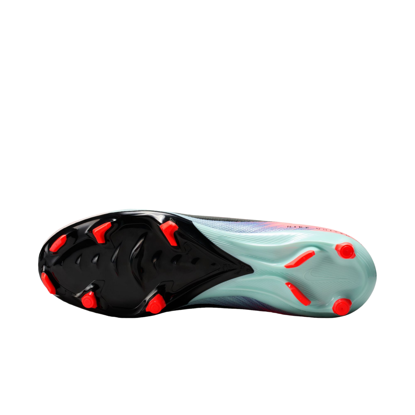 Bottom view of a Nike soccer cleat showing a black and light teal soleplate with bright red studs. The visible upper features a blue and pink mesh pattern.