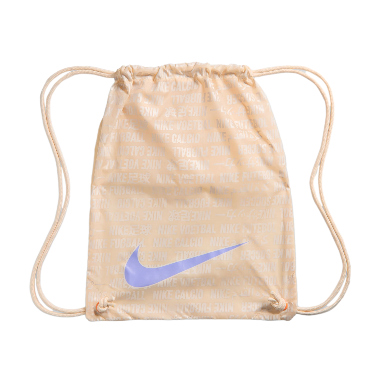 Peach-colored Nike drawstring bag featuring a light purple swoosh and a repeating white text pattern in various languages.