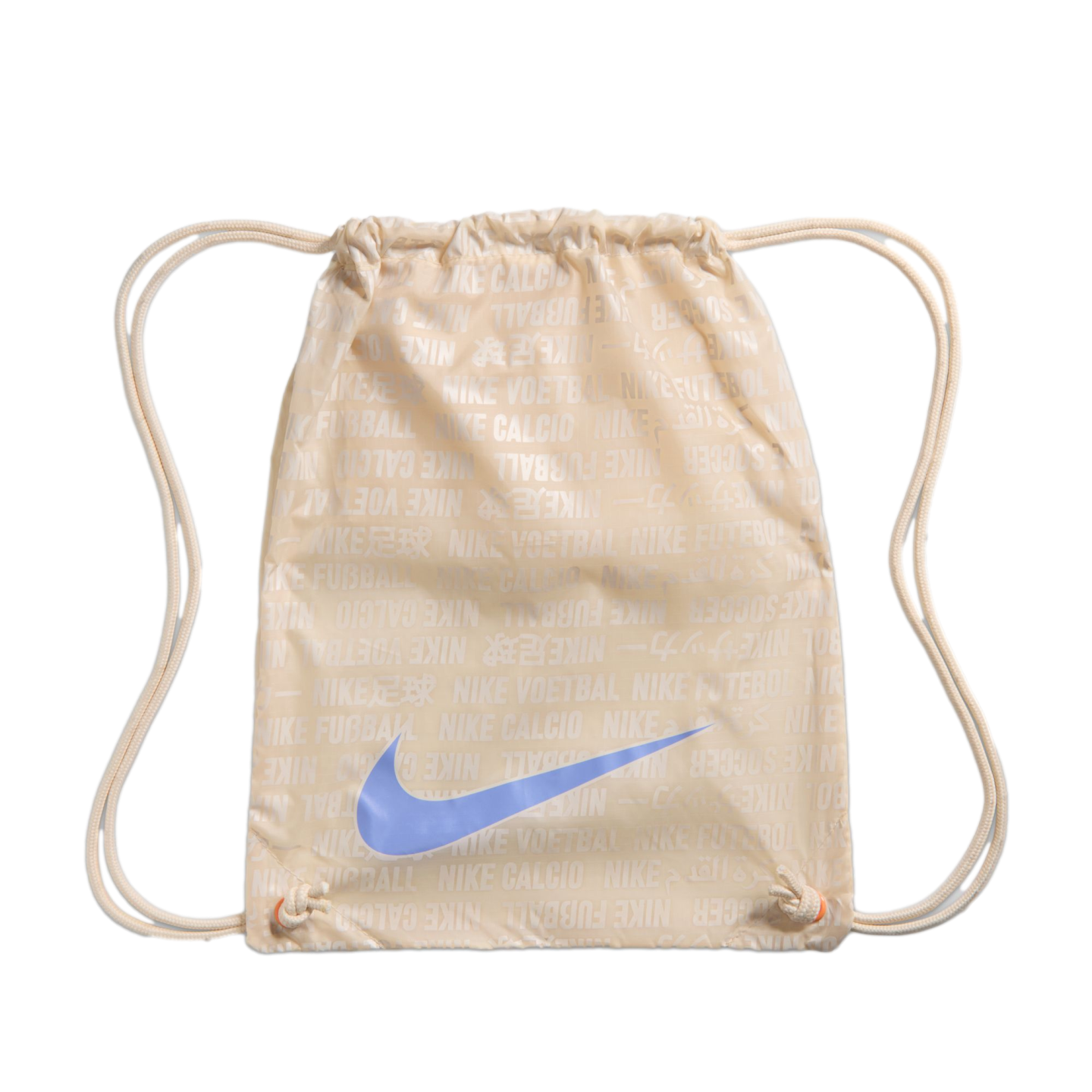 Cream-colored Nike drawstring bag with a repeating multilingual pattern of "Nike" and "soccer." A large light blue Nike swoosh is centered on the front.