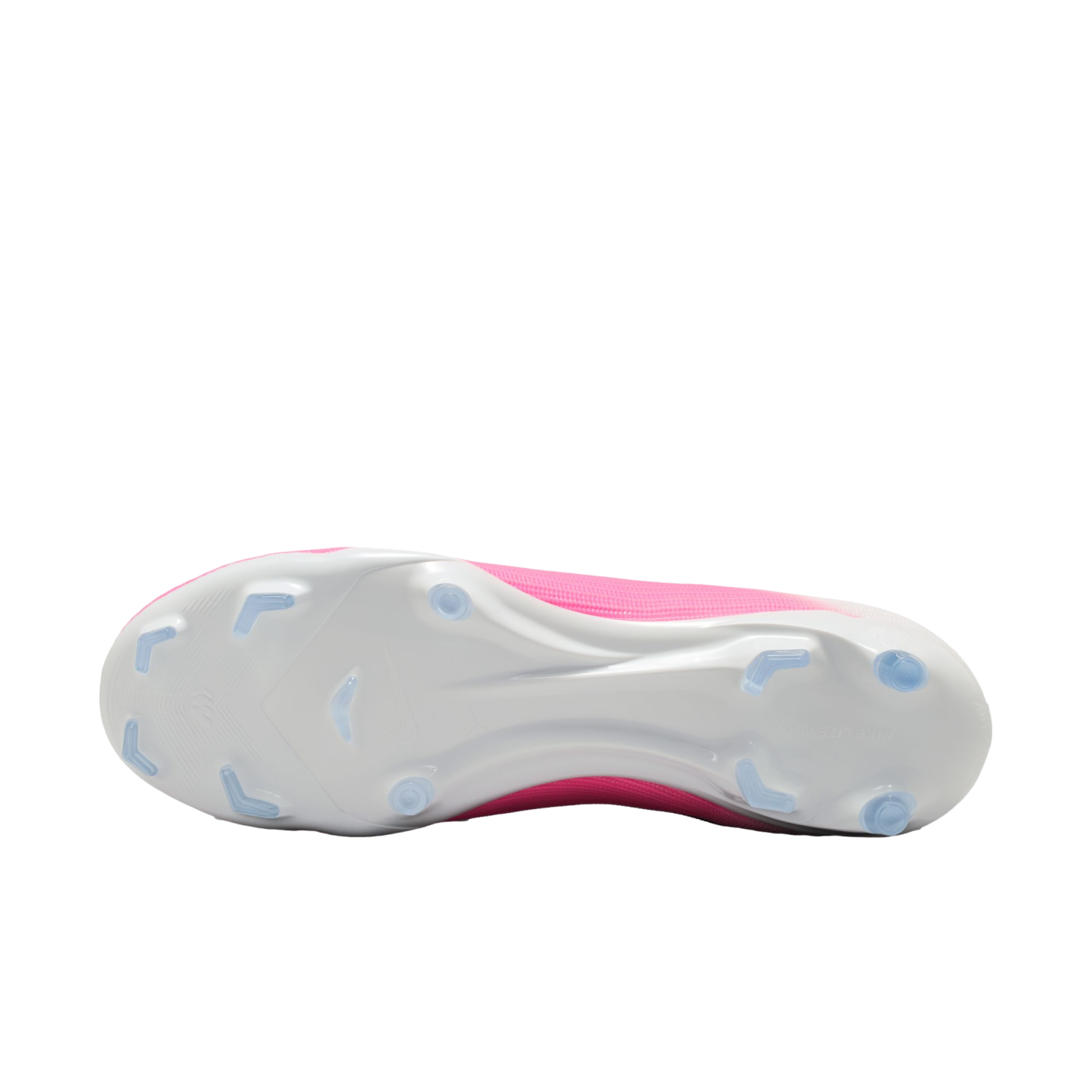The white soleplate of a pink soccer cleat with translucent blue chevron and conical studs on a white background.