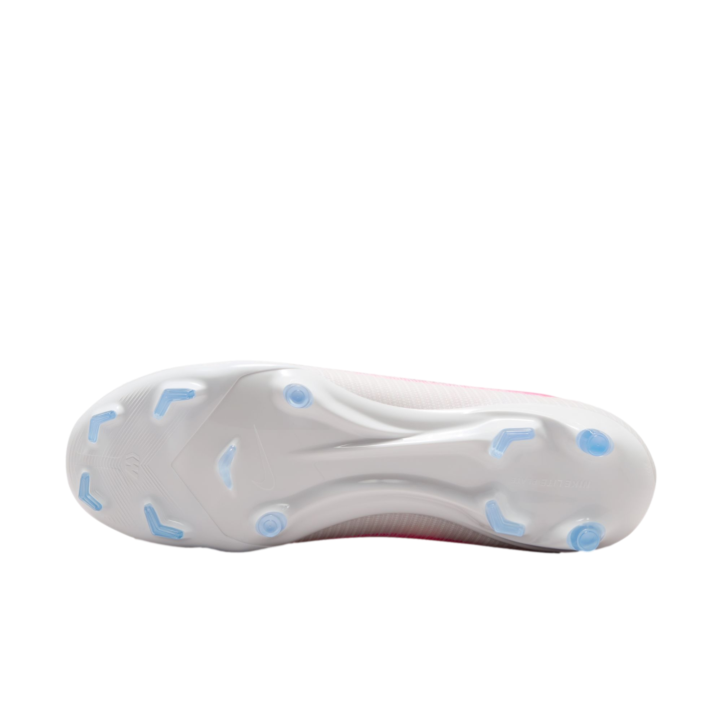 Bottom view of a white Nike soccer cleat featuring a white soleplate and translucent light blue studs.