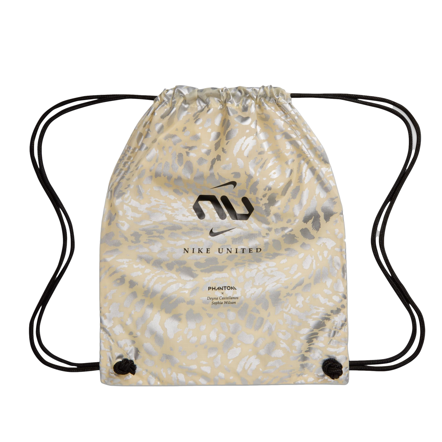 A beige drawstring bag with a metallic silver animal print pattern. The front features a black "NU" graphic with a Nike swoosh, the words "NIKE UNITED," and smaller text referencing "PHANTOM," Deyna Castellanos, and Sophia Wilson.