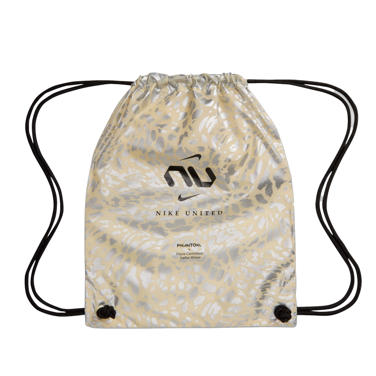 A beige drawstring bag with a metallic silver animal print pattern. The front features a black "NU" graphic with a Nike swoosh, the words "NIKE UNITED," and smaller text referencing "PHANTOM," Deyna Castellanos, and Sophia Wilson.