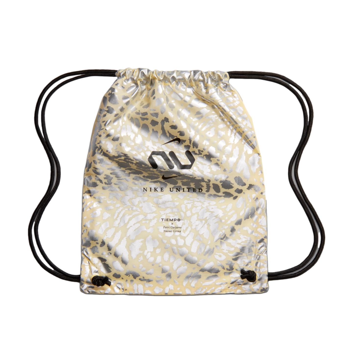 A drawstring bag with a pale yellow and metallic silver animal-print pattern, featuring a black "NU" logo, the text "NIKE UNITED," and names of athletes below it, set against a black background.