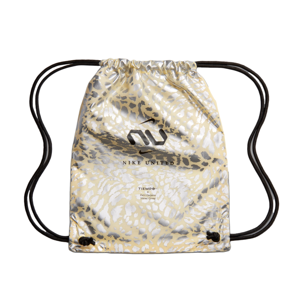 A drawstring bag with a pale yellow and metallic silver animal-print pattern, featuring a black "NU" logo, the text "NIKE UNITED," and names of athletes below it, set against a black background.
