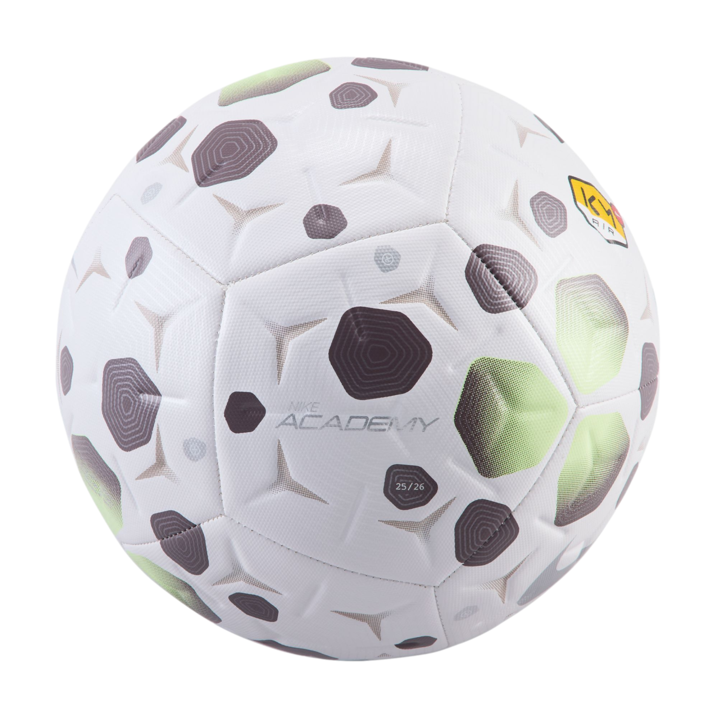 White Nike Academy soccer ball with Kylian Mbappé branding and dark gray and lime green geometric patterns.
