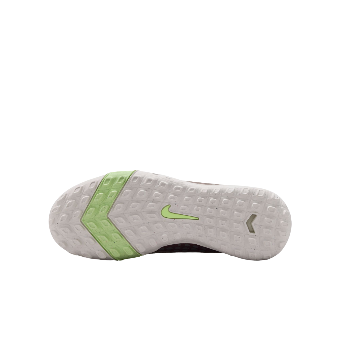 White textured outsole of a Nike turf shoe with a lime green chevron on the forefoot and a lime green swoosh in the center.