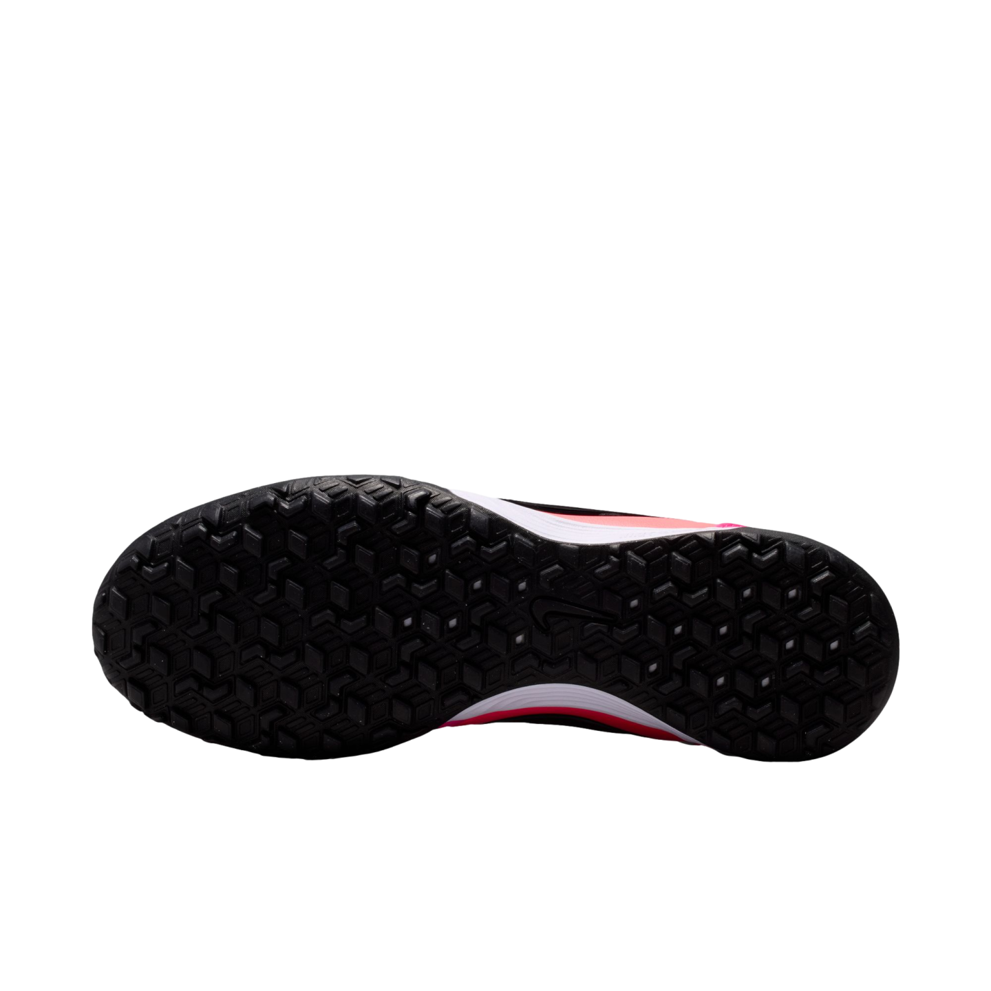 Bottom view of a black Nike sneaker outsole with a hexagonal tread pattern, featuring white and pink midsole accents on a white background.