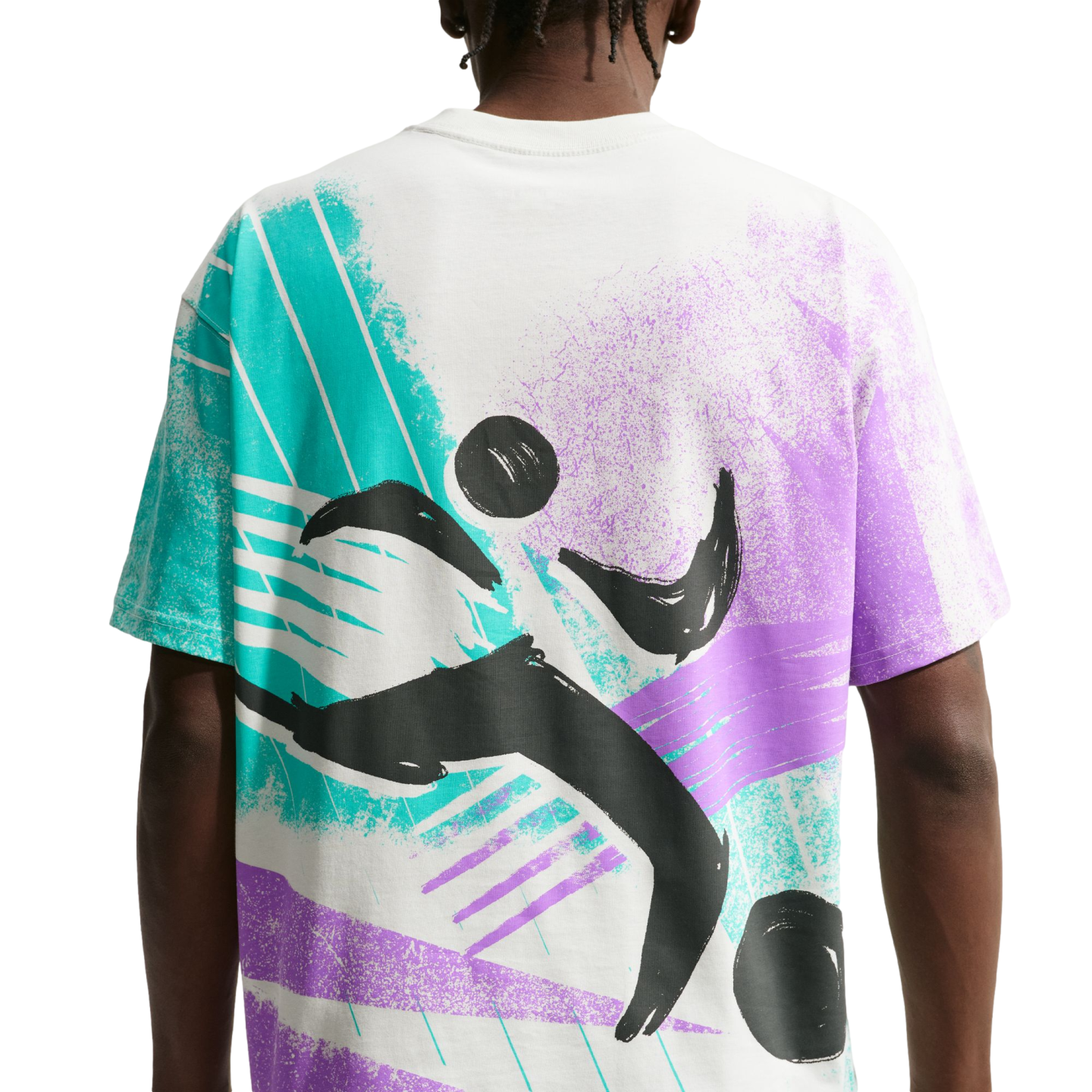 Rear view of a white t-shirt featuring a large, abstract graphic in teal, purple, and black. The 90s-inspired design includes bold, energetic brushstrokes and stylized black shapes depicting a figure in motion against a splattered background.
