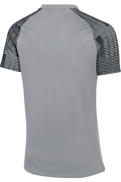 Rear view of a grey short-sleeved athletic shirt featuring black striped patterns on the raglan sleeves.