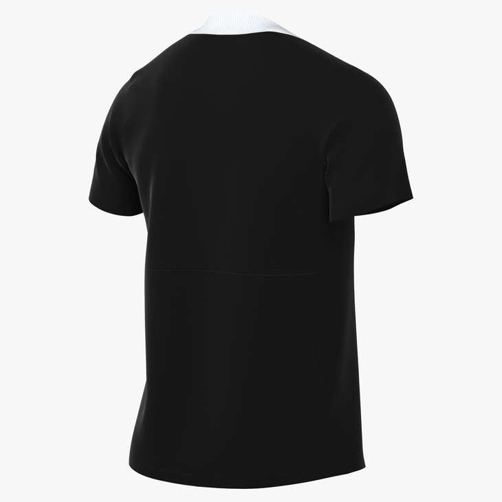 Back view of a black short-sleeve athletic t-shirt with a white ribbed collar and a horizontal seam across the back.