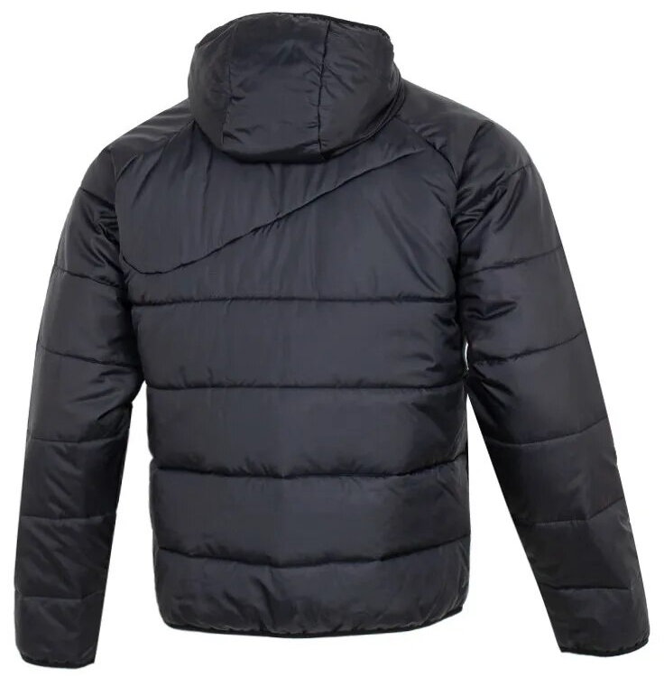 Rear view of a black hooded puffer jacket with horizontal quilting and a diagonal seam across the upper back.