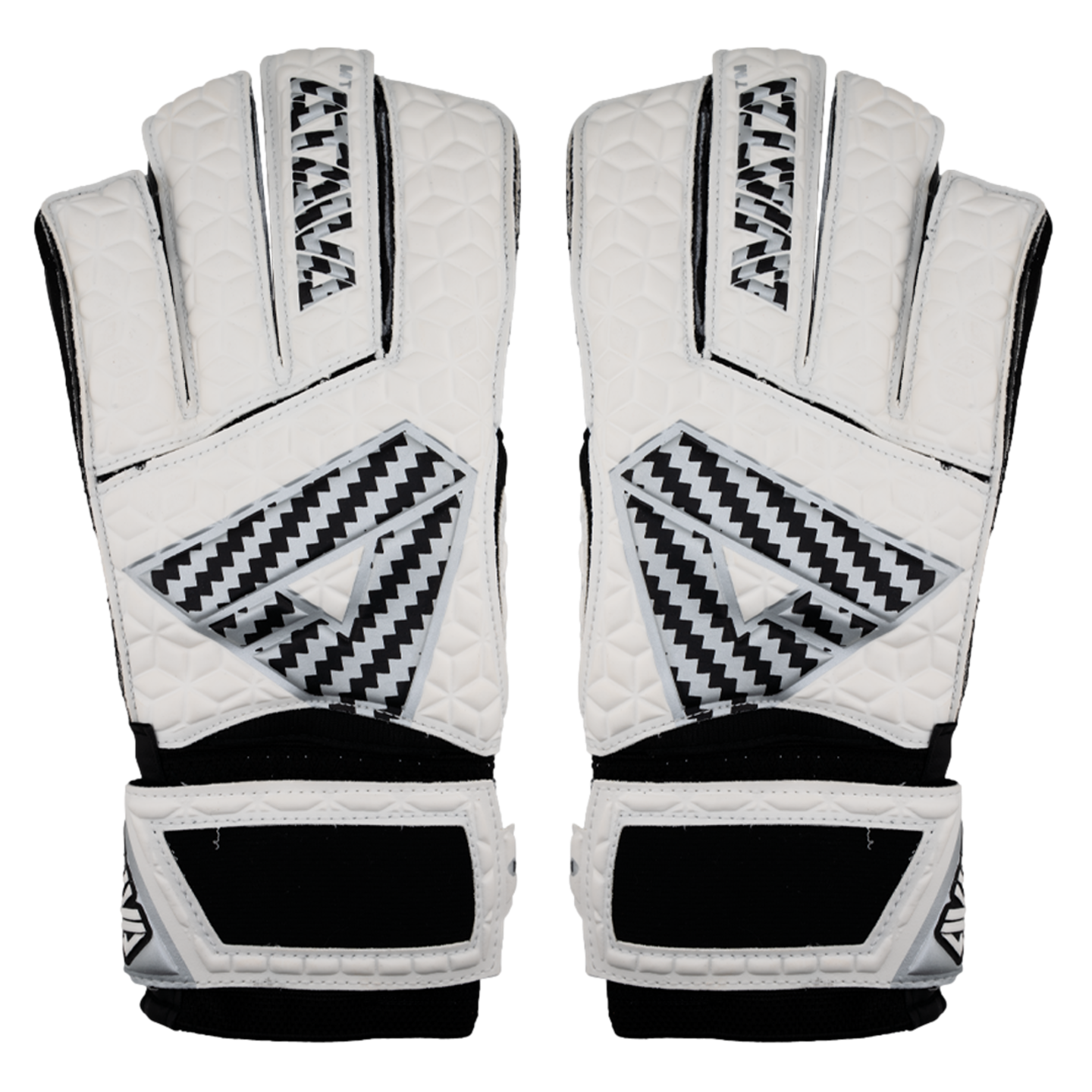White and black goalkeeper gloves with a textured backhand and chevron pattern triangular logos on the back and fingers, shown against a white background.
