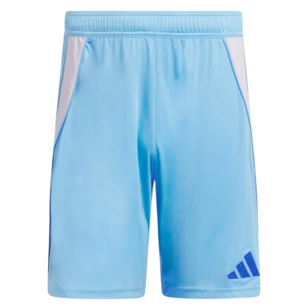 Light blue athletic shorts with white side panels and a dark blue Adidas logo on the lower left leg.