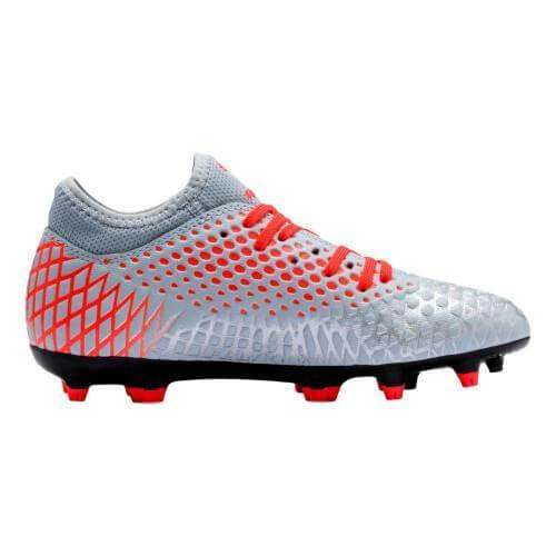 Light grey and red soccer cleat featuring a hexagonal textured upper, red laces, and black soles with red studs.
