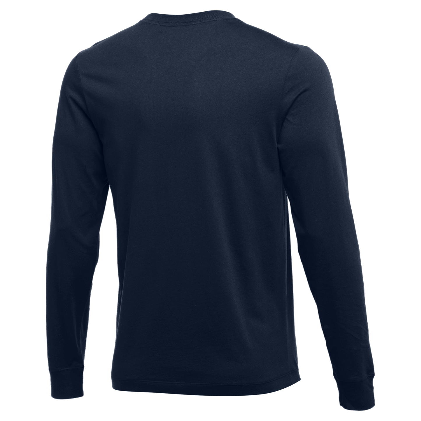 Back view of a navy blue long-sleeved shirt with ribbed cuffs and a crew neckline, displayed against a white background.
