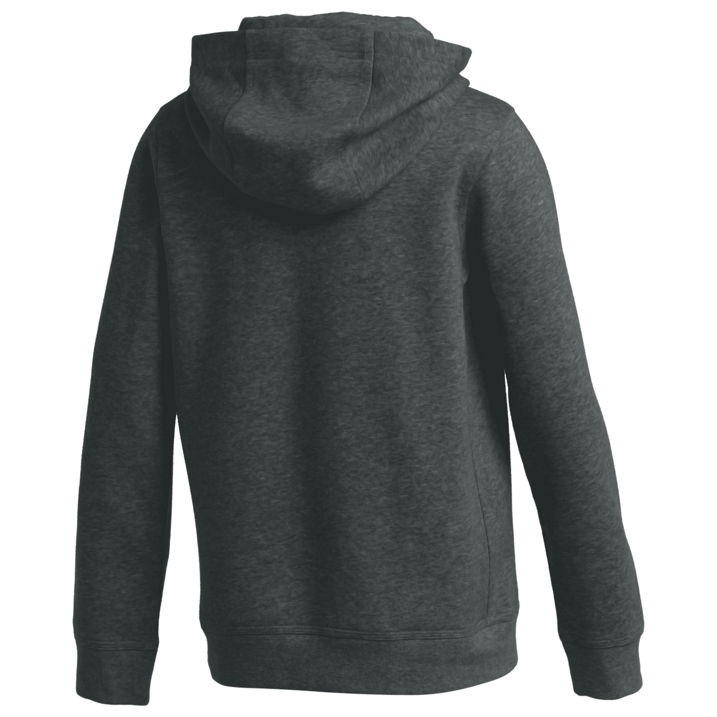 Rear view of a dark grey heathered hoodie with long sleeves and ribbed cuffs and hem, shown against a plain white background.